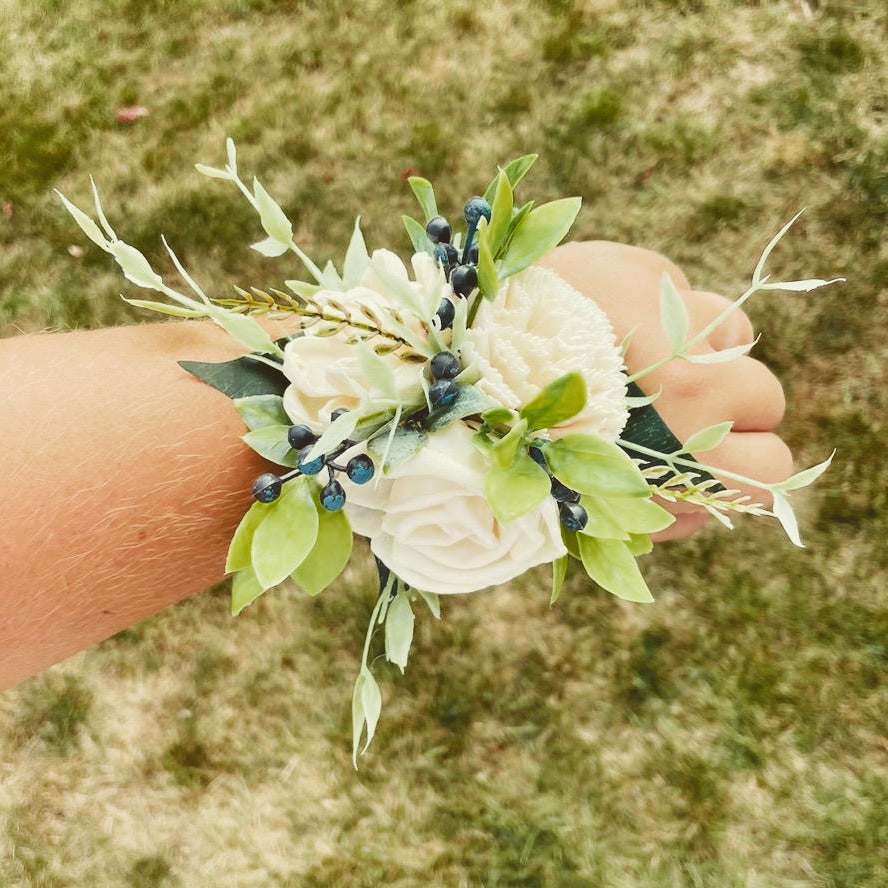 Wild Wood Flower Corsage with Faux Blueberries